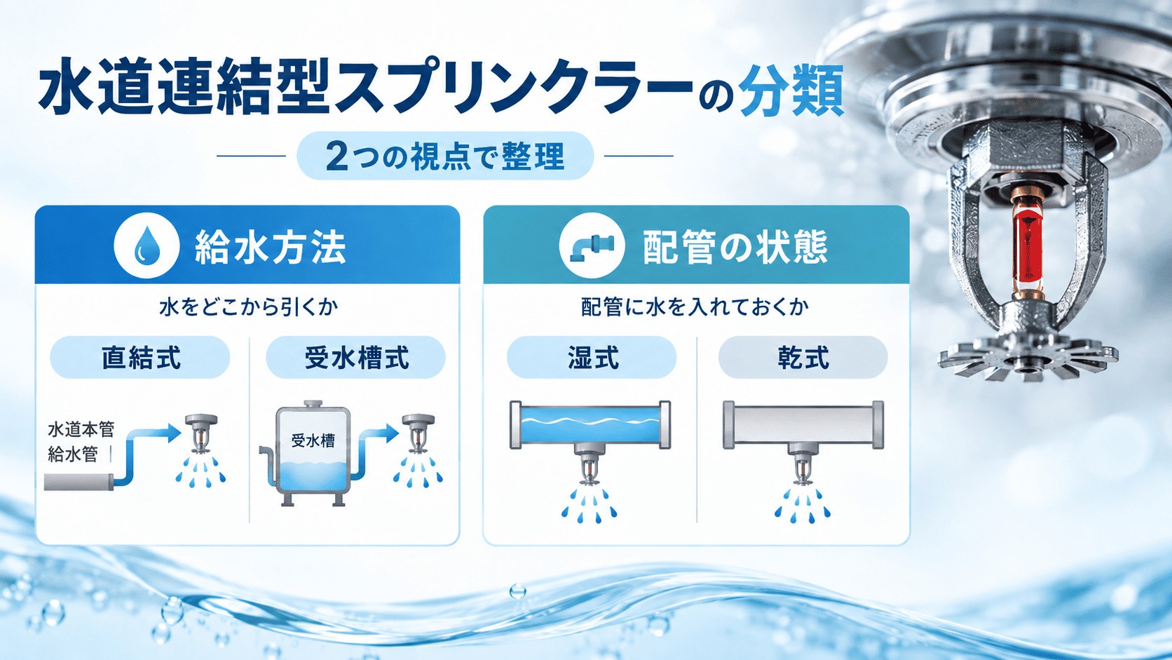 水道連結型スプリンクラーの分類は給水方法と配管の状態で整理